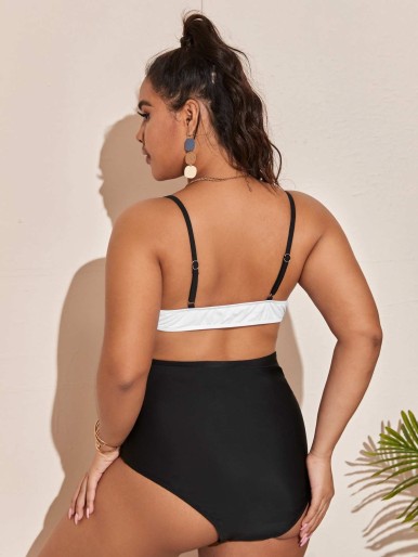 Plus Color Block Tie Front One Piece Swimsuit