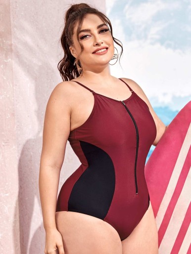 Plus Color Block Zip Front One Piece Swimsuit