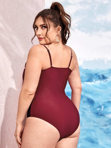 Plus Color Block Zip Front One Piece Swimsuit