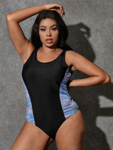 Plus Colorblock Low Back One Piece Swimsuit