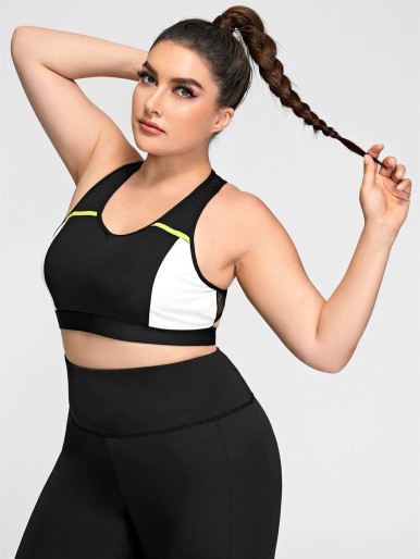 Plus Contrast Fishnet Colorblock Sports Bra