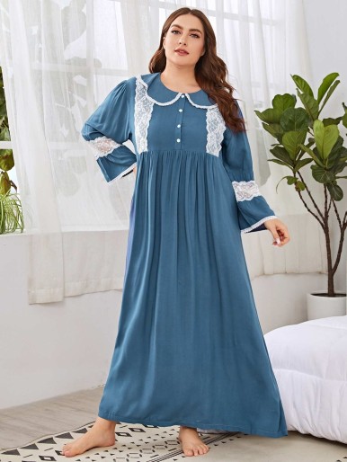 Plus Contrast Lace Peter Pan Collar Night Dress