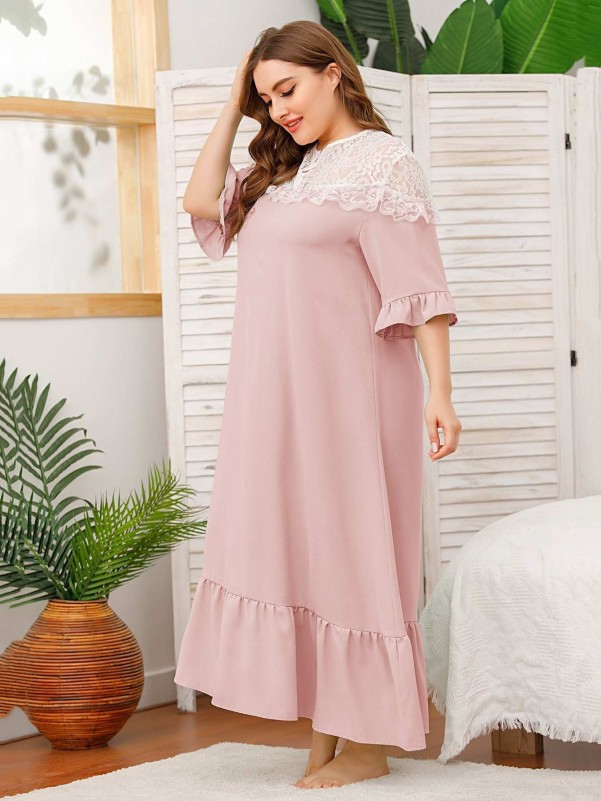 SHEIN Maternity Contrast Lace Ruffle Hem Dress