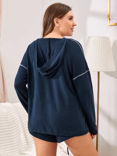 Plus Contrast Top-stitching Hoodie & Shorts Pajama Set