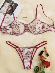 Plus Embroidered Mesh Underwire Lingerie Set