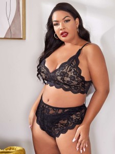 Shiusina Plus Size Lingerie Set For Women Floral Lace Scallop Trim