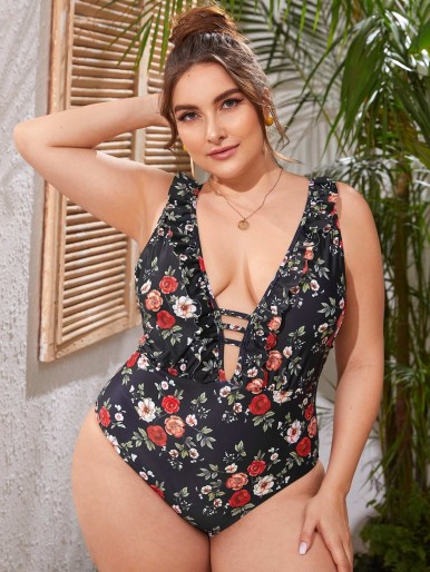 Plus Floral Plunging One Piece Swimsuit