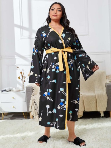 Plus Floral Print Frill Trim Belted Satin Robe