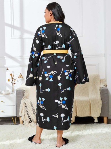 Plus Floral Print Frill Trim Belted Satin Robe