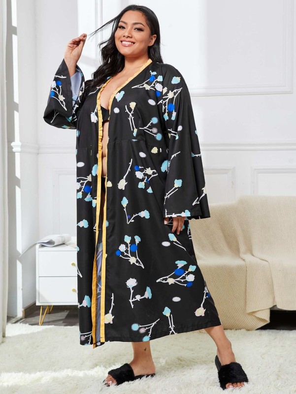 Plus Floral Print Frill Trim Belted Satin Robe