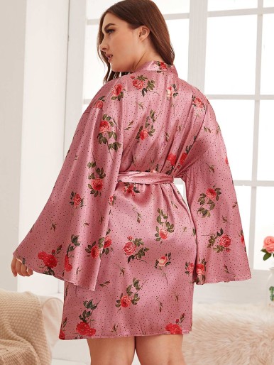 Plus Floral Print Self Tie Satin Robe