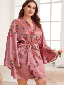 Plus Floral Print Self Tie Satin Robe