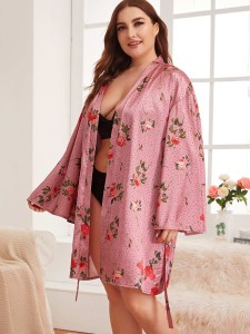 Plus Floral Print Self Tie Satin Robe