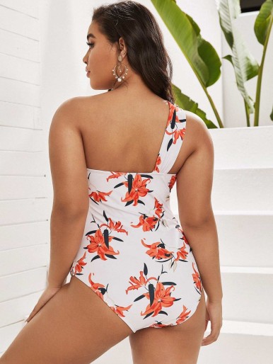 Plus Floral Ruched One Shoulder One Piece Swimsuit
