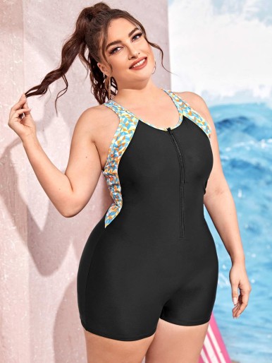 Plus Geo Print Zip-up One Piece Swimsuit