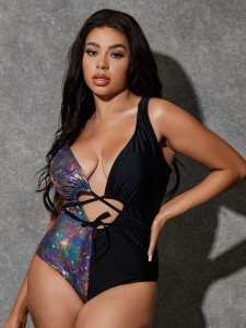 Plus Graphic Criss Cross One Piece Swimsuit