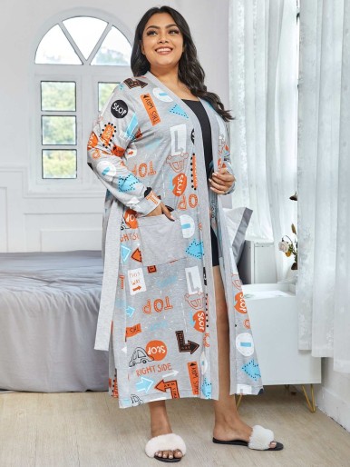 Plus Graphic Print Belted Longline Robe