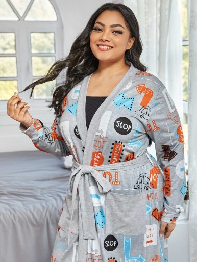 Plus Graphic Print Belted Longline Robe