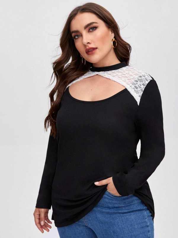 Plus Lace Panel Cut Out Front Tee