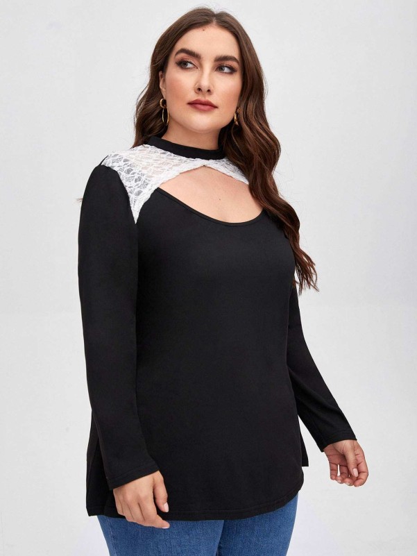 Plus Lace Panel Cut Out Front Tee