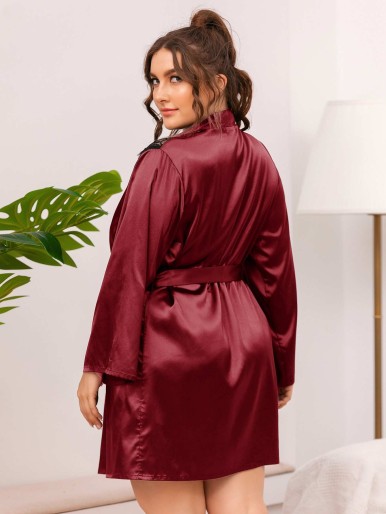 Plus Lace Shoulder Belted Satin Robe