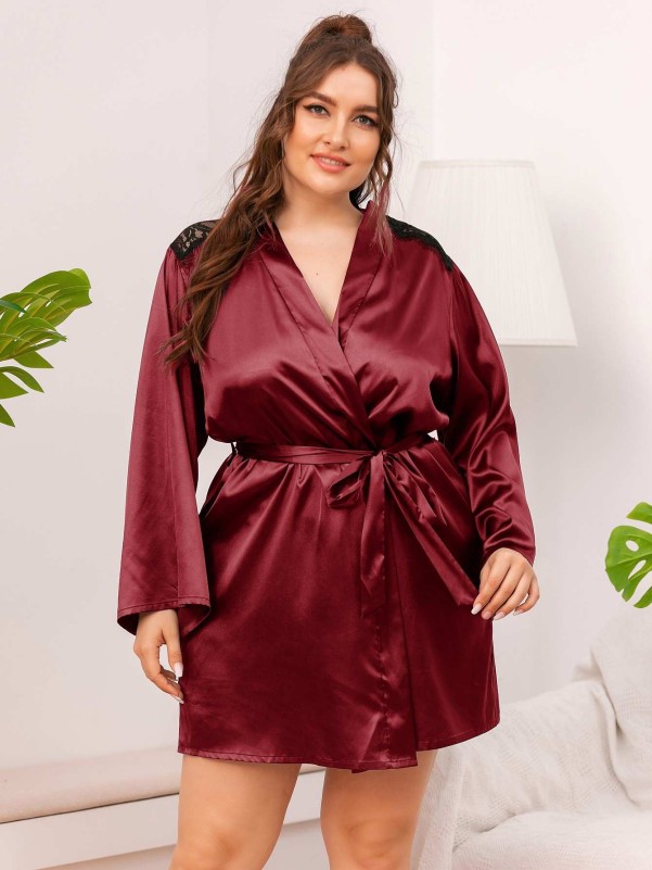 Plus Lace Shoulder Belted Satin Robe