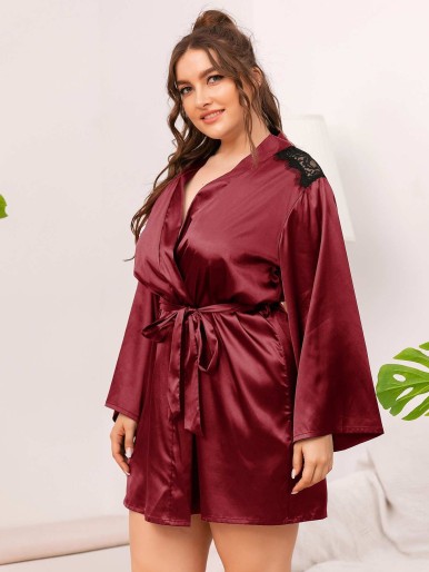 Plus Lace Shoulder Belted Satin Robe