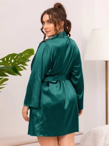 Plus Lace Shoulder Belted Satin Robe