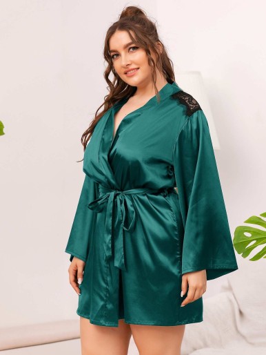 Plus Lace Shoulder Belted Satin Robe