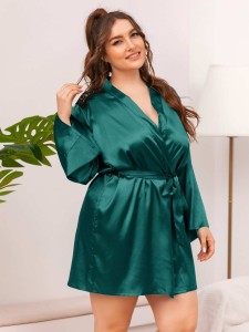 Plus Lace Shoulder Belted Satin Robe