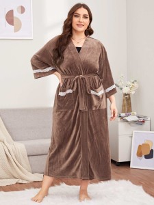 Plus Lace Trim Belted Velvet Robe