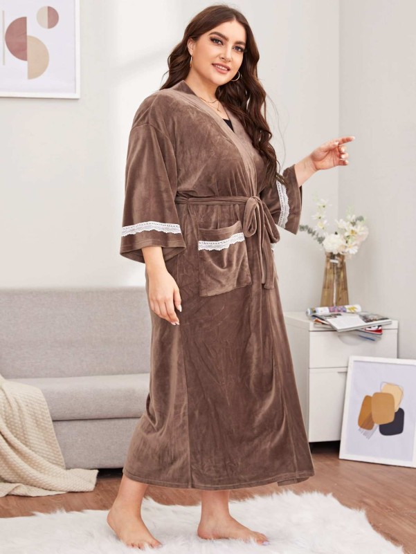 Plus Lace Trim Belted Velvet Robe