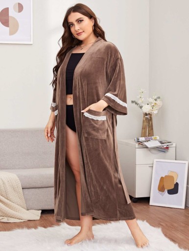 Plus Lace Trim Belted Velvet Robe