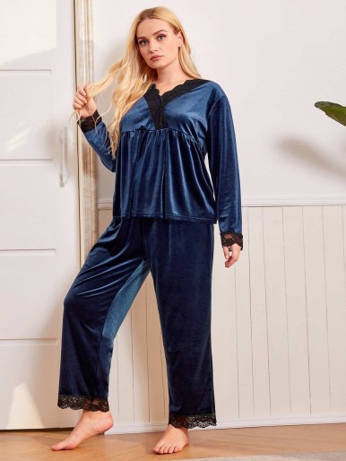 Plus Lace Trim Velvet Pajama Set