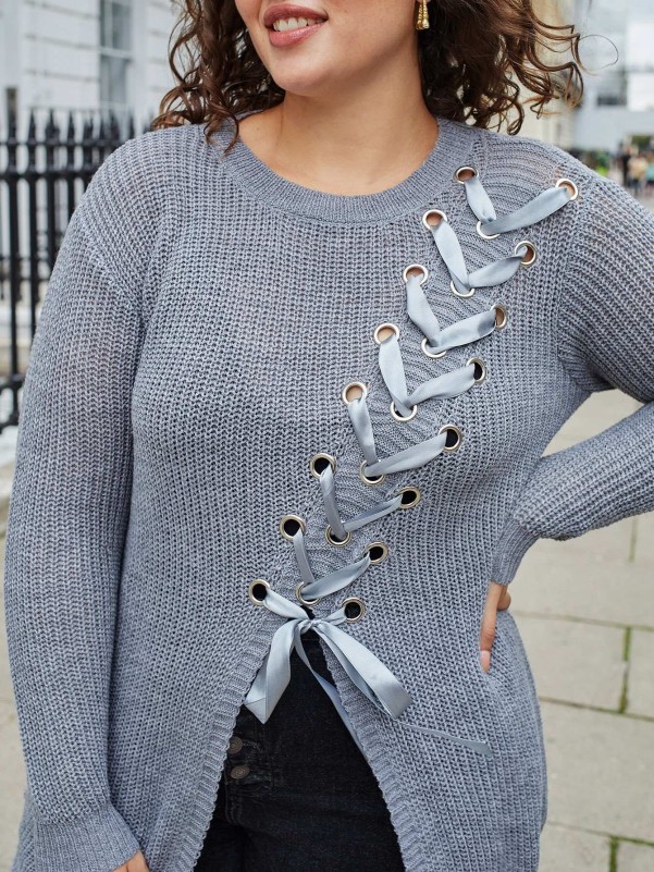 Plus Lace Up Front Split Sweater