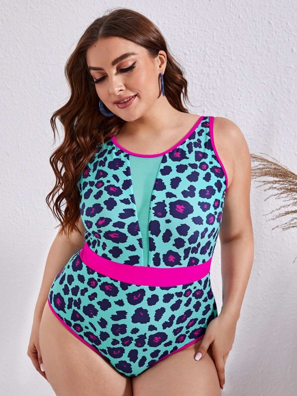 Plus Leopard Contrast Mesh One Piece Swimsuit