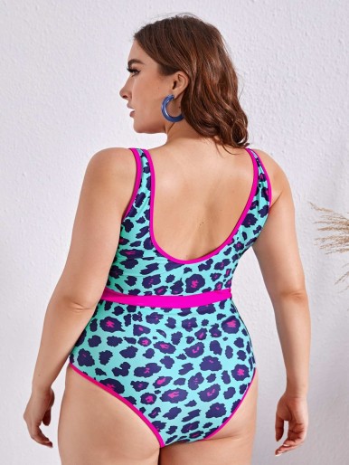 Plus Leopard Contrast Mesh One Piece Swimsuit