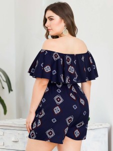 Plus Off Shoulder Tribal Print Belted Romper