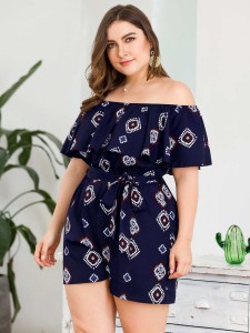 Plus Off Shoulder Tribal Print Belted Romper