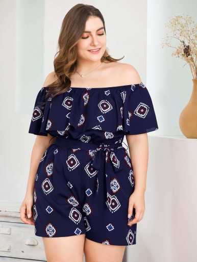 Plus Off Shoulder Tribal Print Belted Romper