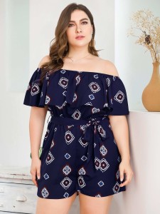 Plus Off Shoulder Tribal Print Belted Romper