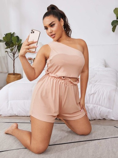 Plus One Shoulder Top With Paperbag Shorts Pajama Set