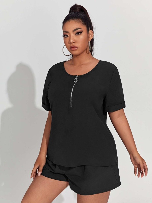 Plus O-ring Zip Front Blouse & Shorts