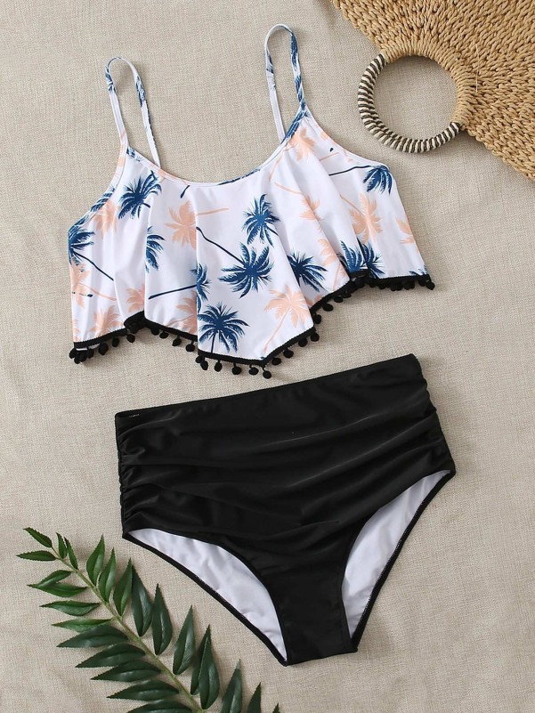 Plus Palm Tree Print Pom-pom Hanky Hem Bikini Swimsuit