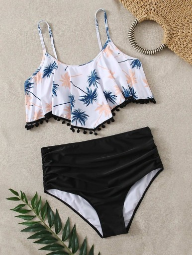 Plus Palm Tree Print Pom-pom Hanky Hem Bikini ملابس السباحة