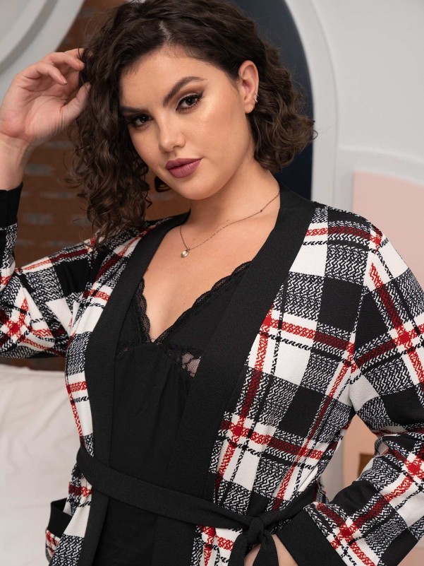 Plus Plaid Belted Bed Jacket Without Night Dress