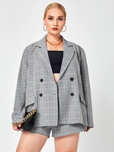 Plus Plaid Double Breasted Blazer & Shorts