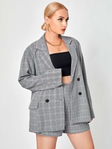 Plus Plaid Double Breasted Blazer & Shorts