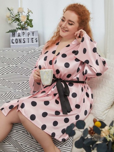 Plus Polka Dot Belted Satin Robe