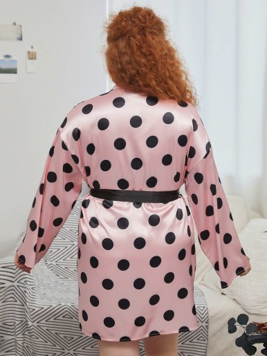 Plus Polka Dot Belted Satin Robe